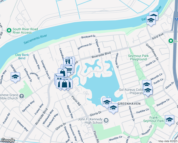 map of restaurants, bars, coffee shops, grocery stores, and more near 800 Shoreside Drive in Sacramento