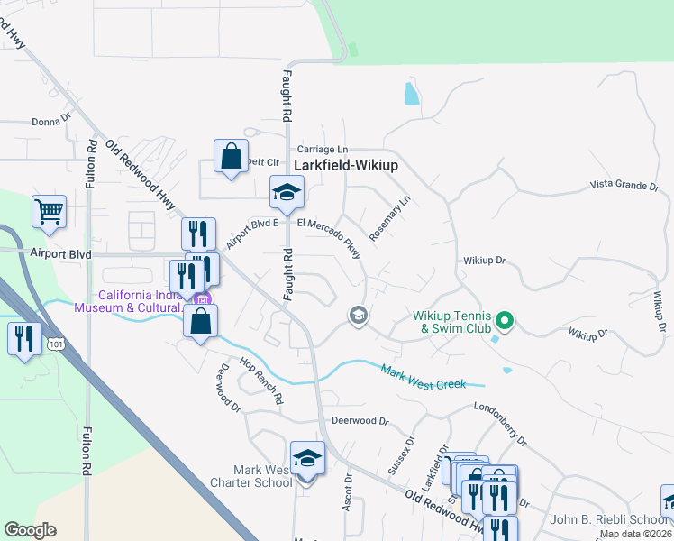 map of restaurants, bars, coffee shops, grocery stores, and more near 312 Kiva Place in Santa Rosa