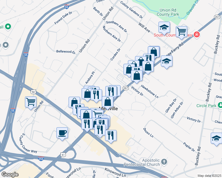 map of restaurants, bars, coffee shops, grocery stores, and more near 3846 Lemay Village Lane in St. Louis