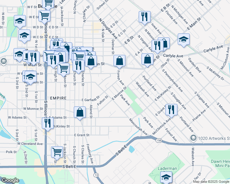 map of restaurants, bars, coffee shops, grocery stores, and more near 421 Park Avenue in Belleville
