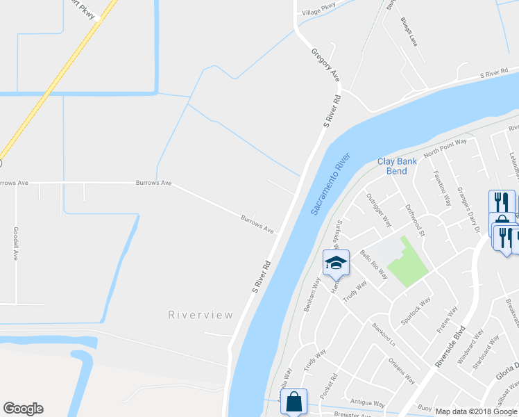 map of restaurants, bars, coffee shops, grocery stores, and more near 3010 Burrows Avenue in West Sacramento