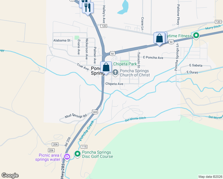 map of restaurants, bars, coffee shops, grocery stores, and more near 145 Chipeta Avenue in Salida
