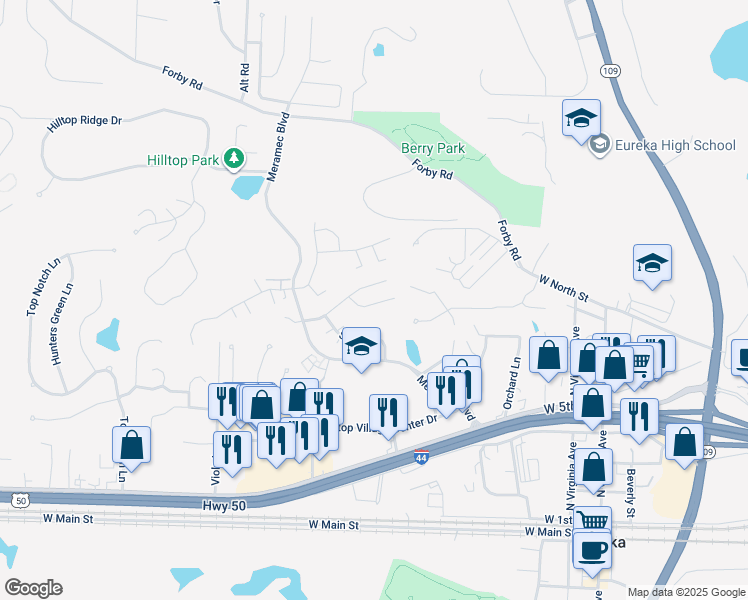 map of restaurants, bars, coffee shops, grocery stores, and more near 98 South Edward Court in Eureka