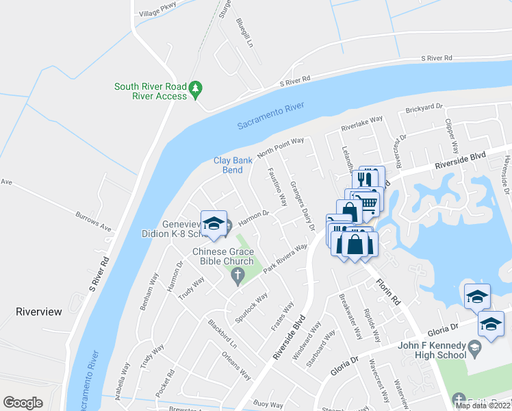 map of restaurants, bars, coffee shops, grocery stores, and more near 6391 North Point Way in Sacramento