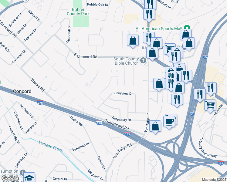 map of restaurants, bars, coffee shops, grocery stores, and more near 4765 Sunnyview Drive in St. Louis