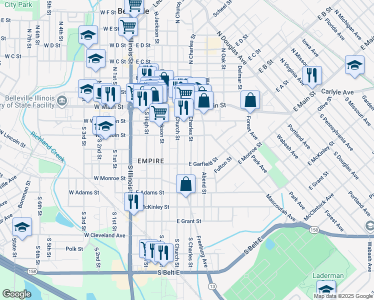 map of restaurants, bars, coffee shops, grocery stores, and more near 218 South Charles Street in Belleville