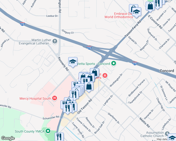 map of restaurants, bars, coffee shops, grocery stores, and more near 10017 Chardin Way in Sappington