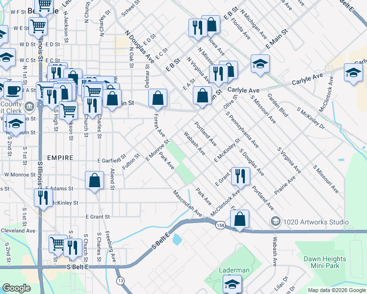map of restaurants, bars, coffee shops, grocery stores, and more near 801 Olive Street in Belleville