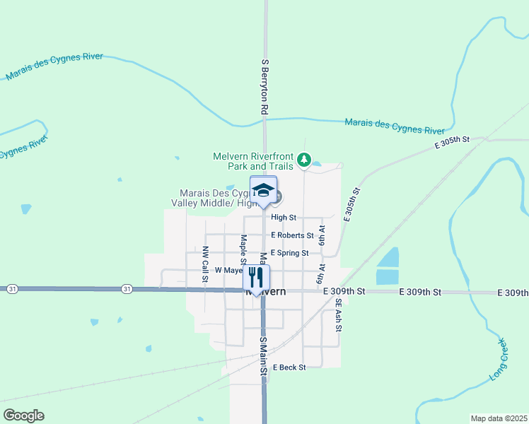 map of restaurants, bars, coffee shops, grocery stores, and more near 143 Northwest High Street in Melvern