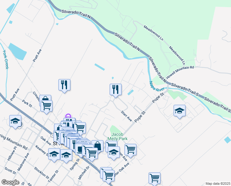map of restaurants, bars, coffee shops, grocery stores, and more near 1188 Meadowcreek Circle in St. Helena