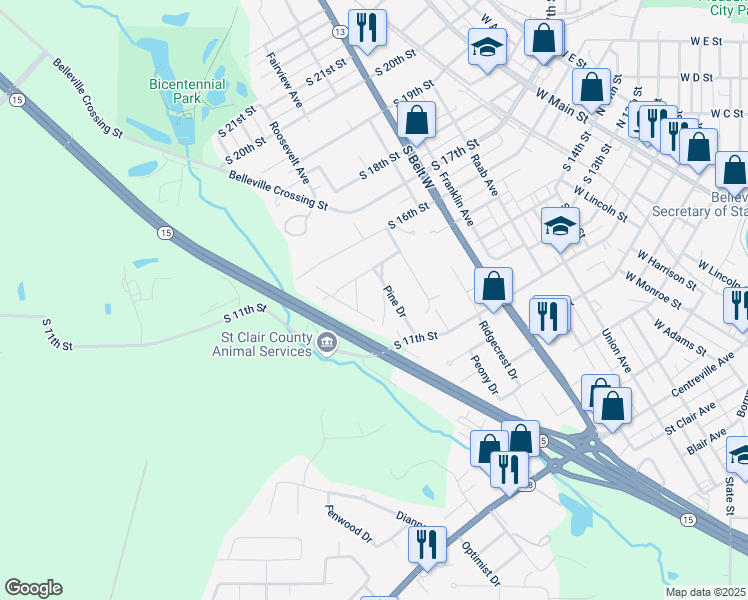 map of restaurants, bars, coffee shops, grocery stores, and more near 3 Cedar Drive in Belleville