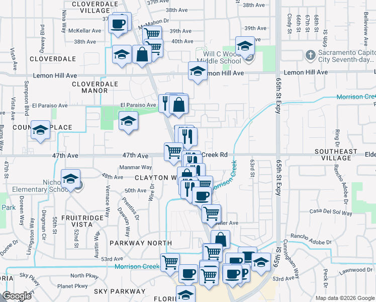 map of restaurants, bars, coffee shops, grocery stores, and more near 6353 Stockton Blvd in Sacramento