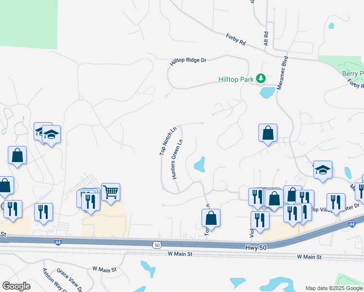 map of restaurants, bars, coffee shops, grocery stores, and more near 151 Hunters Green Lane in Eureka