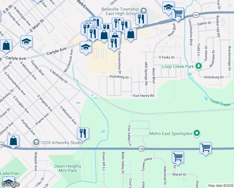 map of restaurants, bars, coffee shops, grocery stores, and more near 3325 Denvershire Drive in Belleville