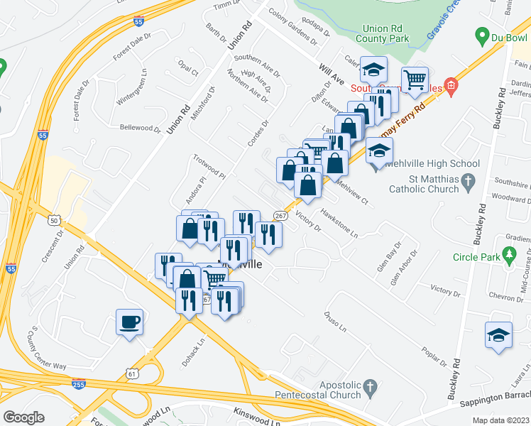 map of restaurants, bars, coffee shops, grocery stores, and more near 3607 Lemay Ferry Road in St. Louis
