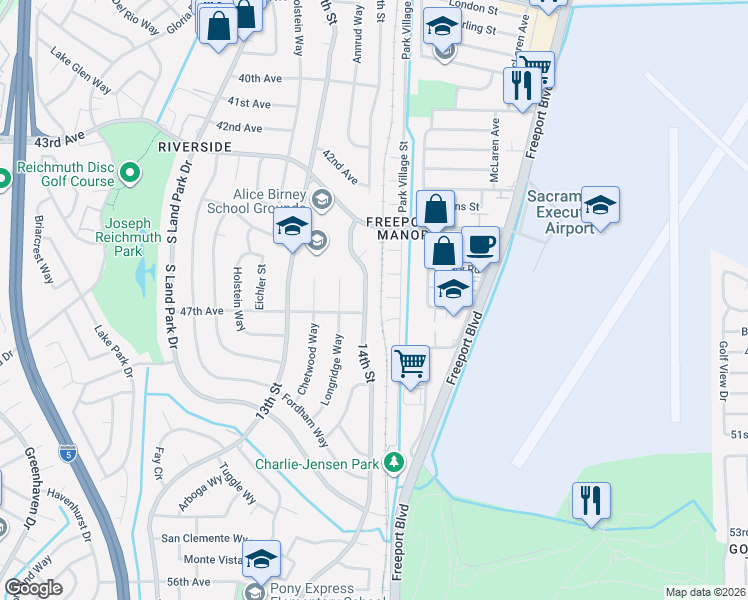 map of restaurants, bars, coffee shops, grocery stores, and more near 6360 14th Street in Sacramento