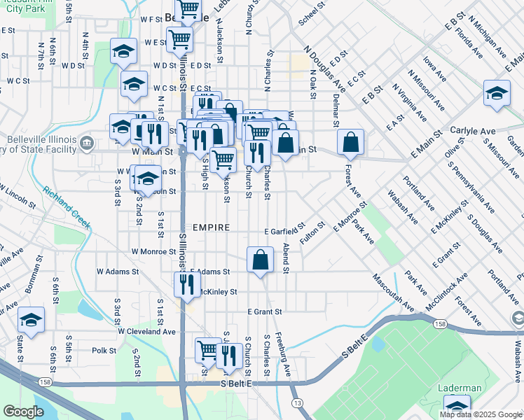 map of restaurants, bars, coffee shops, grocery stores, and more near 218 South Charles Street in Belleville