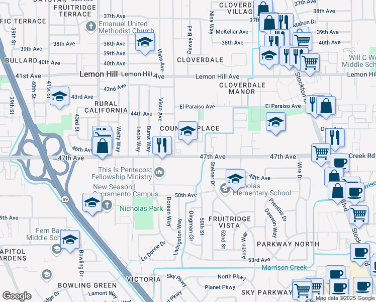 map of restaurants, bars, coffee shops, grocery stores, and more near 4903 47th Avenue in Sacramento