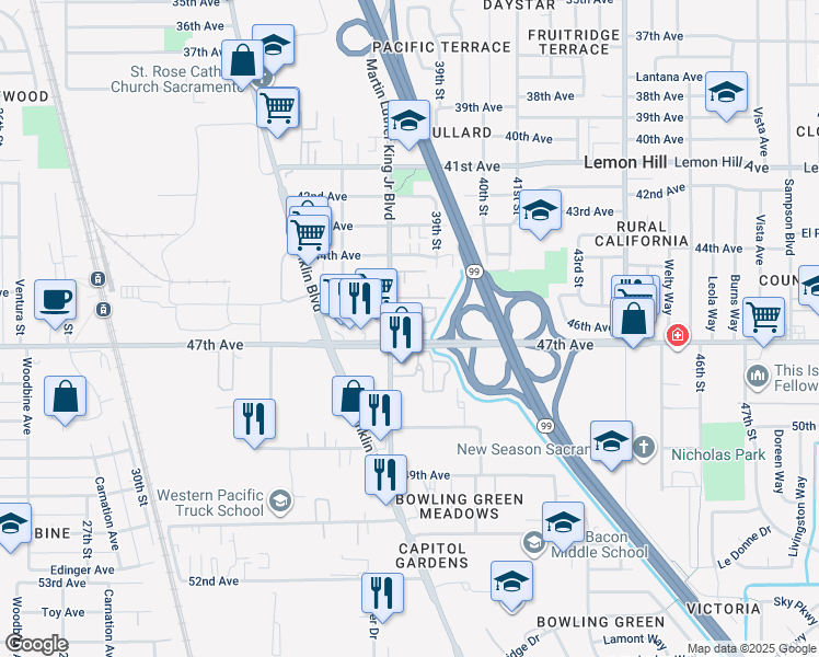 map of restaurants, bars, coffee shops, grocery stores, and more near 61 Stillman Park Circle in Sacramento