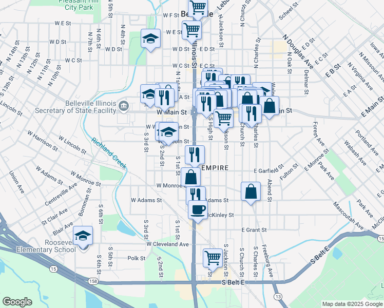 map of restaurants, bars, coffee shops, grocery stores, and more near 219 South Illinois Street in Belleville