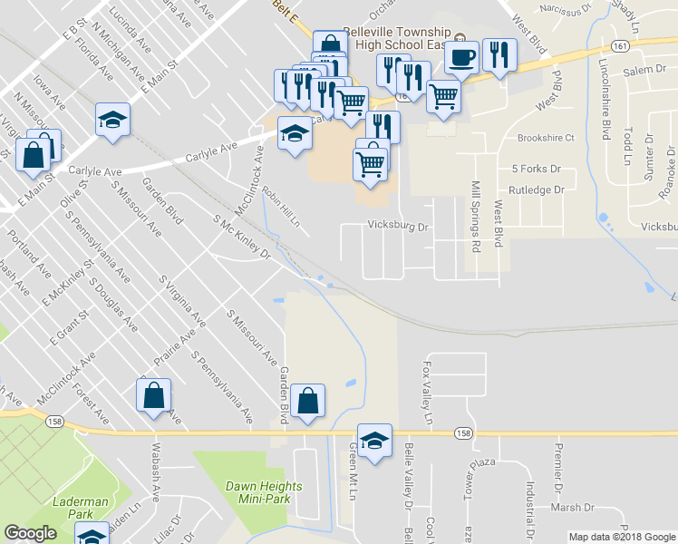 map of restaurants, bars, coffee shops, grocery stores, and more near 502 Vicksburg Drive in Belleville