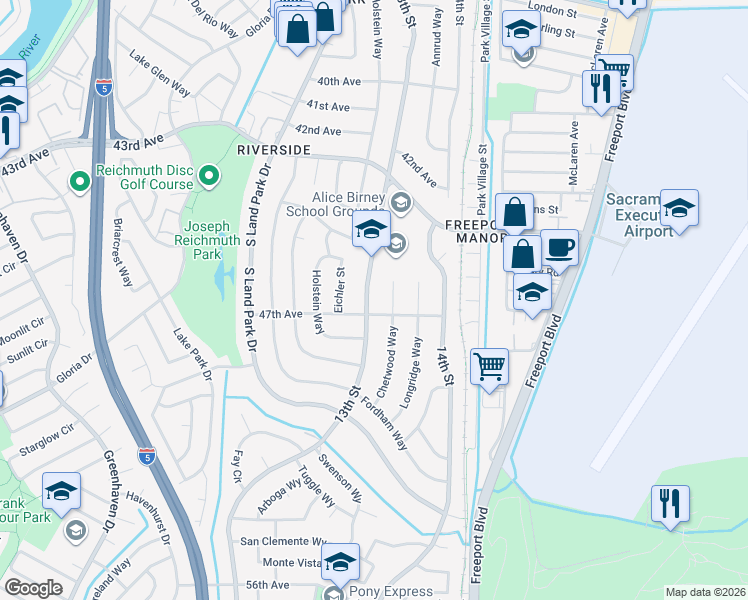 map of restaurants, bars, coffee shops, grocery stores, and more near 6361 13th Street in Sacramento