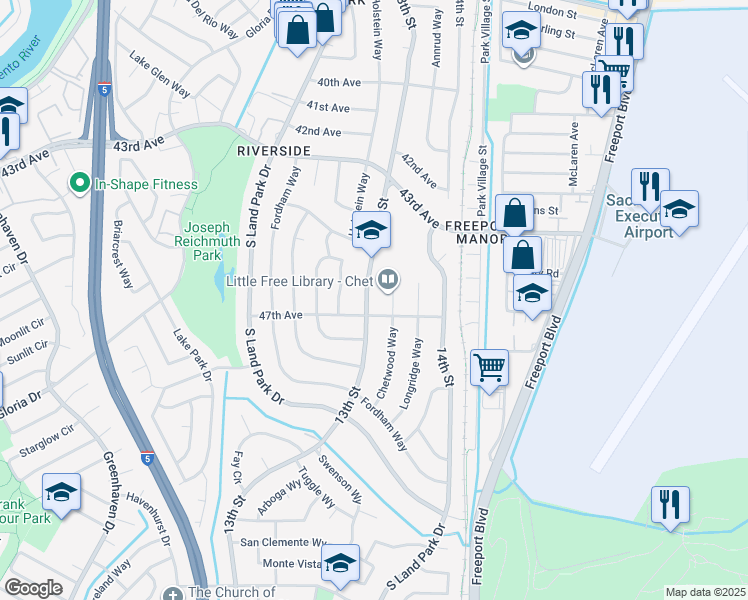 map of restaurants, bars, coffee shops, grocery stores, and more near 6361 13th Street in Sacramento