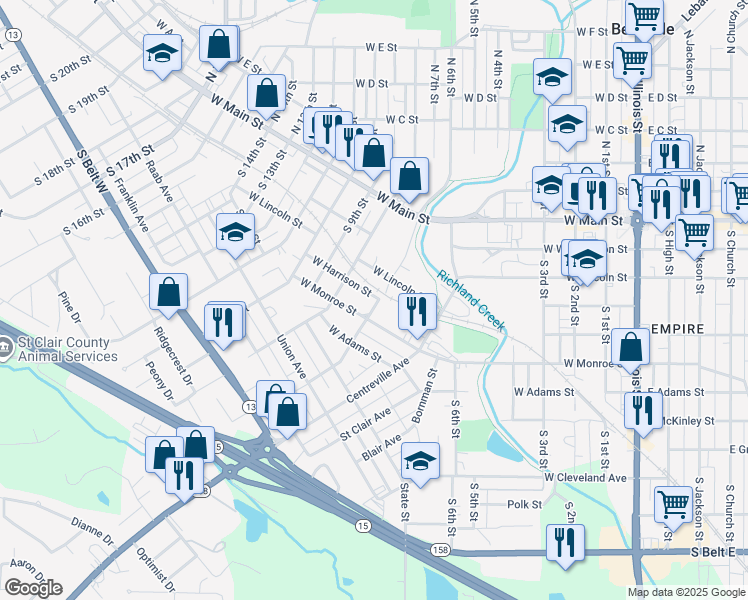 map of restaurants, bars, coffee shops, grocery stores, and more near 708 West Harrison Street in Belleville