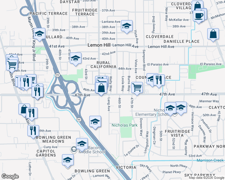map of restaurants, bars, coffee shops, grocery stores, and more near 6317 Welty Way in Sacramento