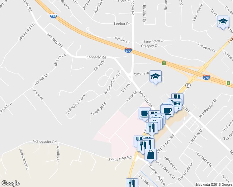 map of restaurants, bars, coffee shops, grocery stores, and more near 12641 Eime Drive in Sappington
