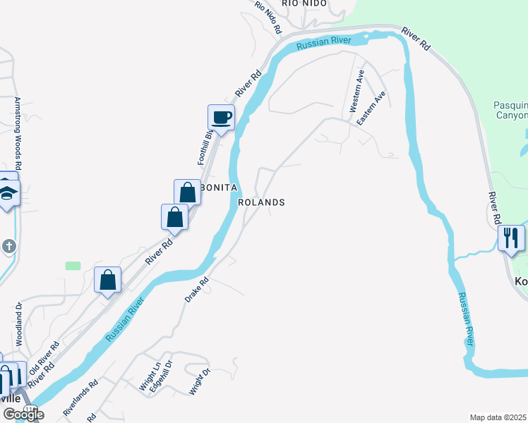 map of restaurants, bars, coffee shops, grocery stores, and more near 15019 Laurel Lane in Guerneville