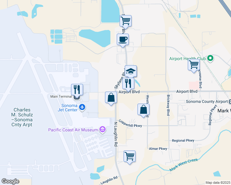 map of restaurants, bars, coffee shops, grocery stores, and more near 3690 North Laughlin Road in Santa Rosa