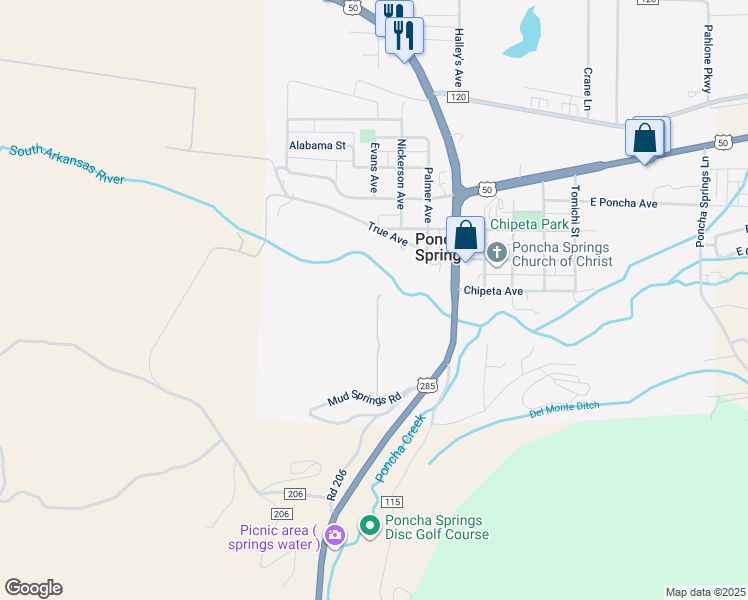map of restaurants, bars, coffee shops, grocery stores, and more near in Poncha Springs