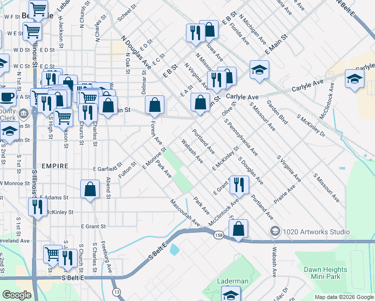 map of restaurants, bars, coffee shops, grocery stores, and more near 801 Olive Street in Belleville