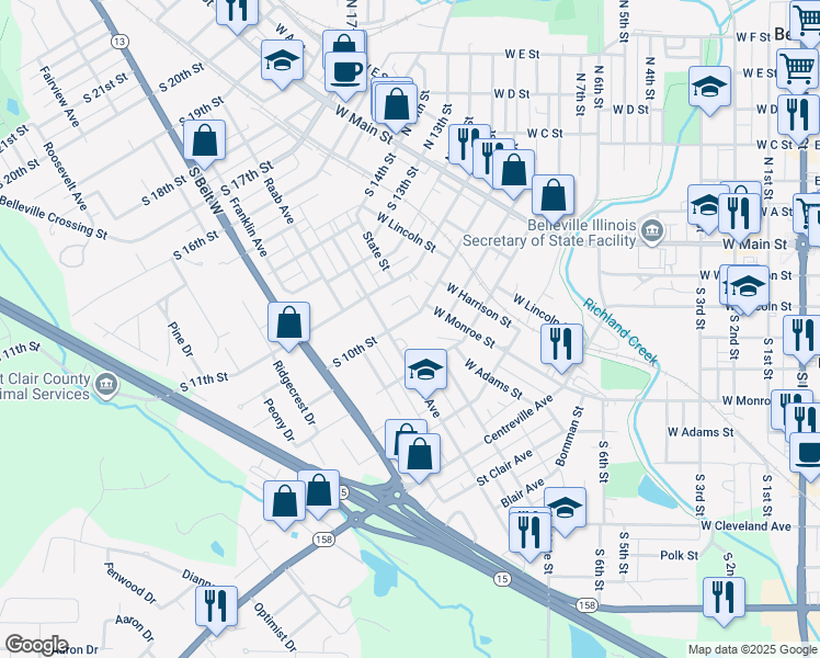 map of restaurants, bars, coffee shops, grocery stores, and more near 416 South 10th Street in Belleville
