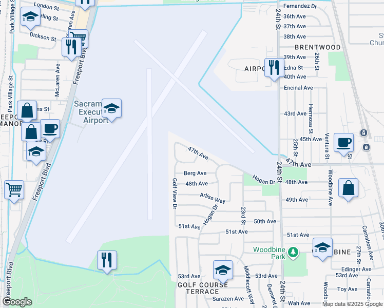 map of restaurants, bars, coffee shops, grocery stores, and more near 2144 47th Avenue in Sacramento
