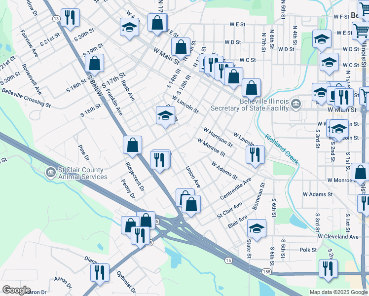map of restaurants, bars, coffee shops, grocery stores, and more near 416 South 10th Street in Belleville