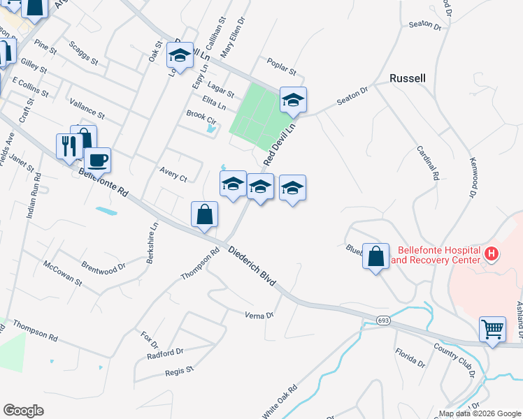 map of restaurants, bars, coffee shops, grocery stores, and more near 705 Red Devil Lane in Russell