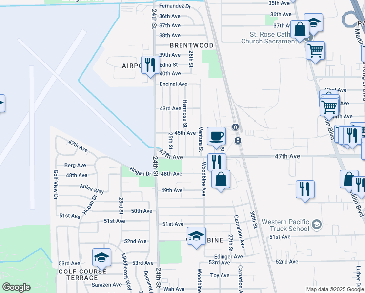 map of restaurants, bars, coffee shops, grocery stores, and more near 6354 Hermosa Street in Sacramento