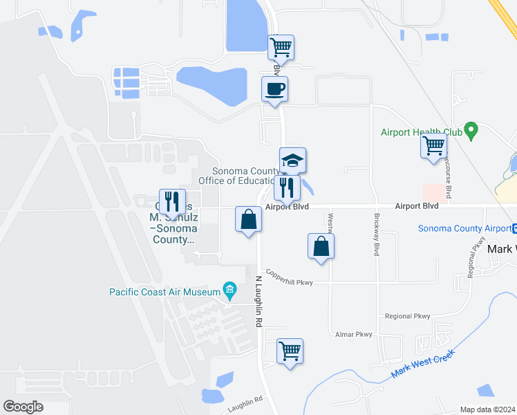map of restaurants, bars, coffee shops, grocery stores, and more near 3690 North Laughlin Road in Santa Rosa