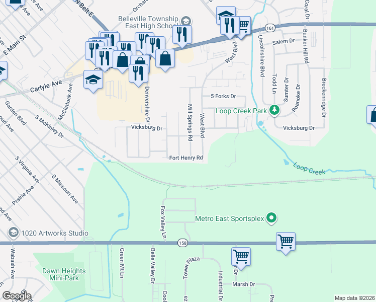 map of restaurants, bars, coffee shops, grocery stores, and more near 3317 Mill Springs Road in Belleville