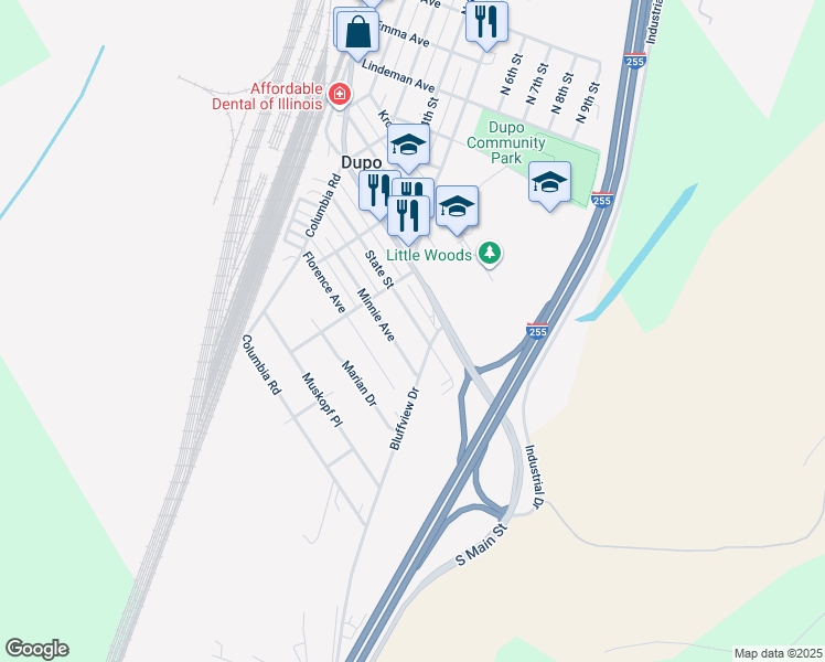 map of restaurants, bars, coffee shops, grocery stores, and more near 643 State Street in Dupo