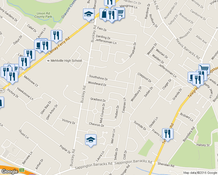 map of restaurants, bars, coffee shops, grocery stores, and more near 738 Woodward Drive in St. Louis