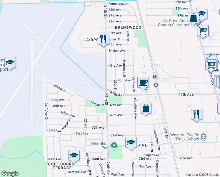 map of restaurants, bars, coffee shops, grocery stores, and more near 6343 24th Street in Sacramento