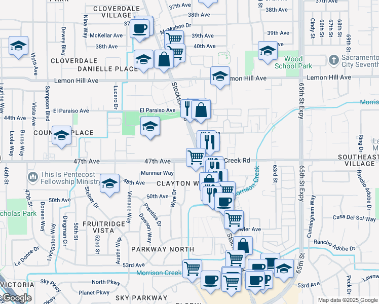 map of restaurants, bars, coffee shops, grocery stores, and more near 5895 Stockton Boulevard in Sacramento