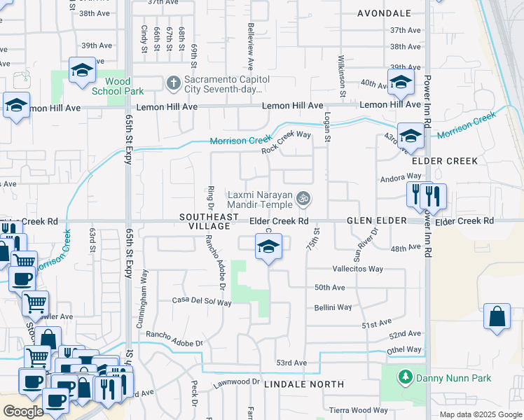 map of restaurants, bars, coffee shops, grocery stores, and more near 6352 Glenhills Way in Sacramento