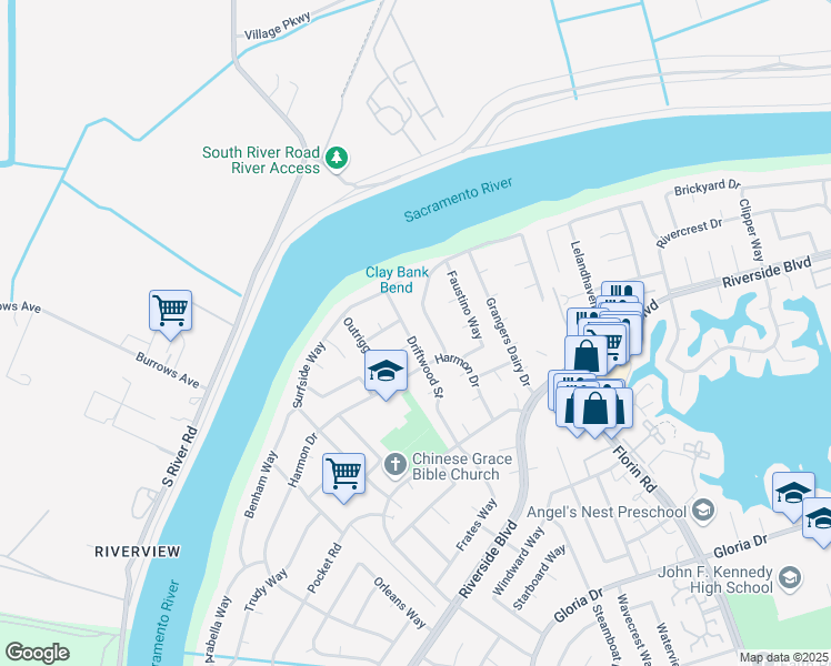 map of restaurants, bars, coffee shops, grocery stores, and more near 6345 Driftwood Street in Sacramento