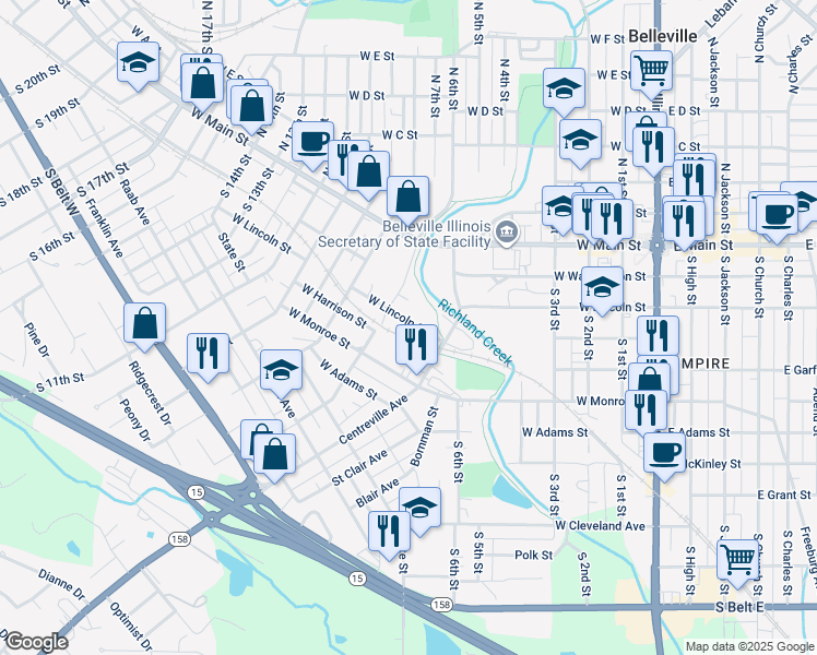 map of restaurants, bars, coffee shops, grocery stores, and more near 606 West Lincoln Street in Belleville