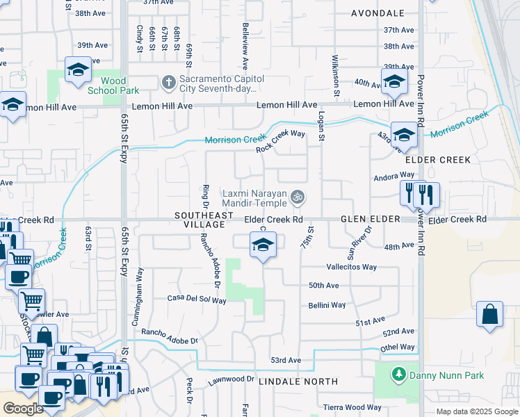 map of restaurants, bars, coffee shops, grocery stores, and more near 6352 Glenhills Way in Sacramento
