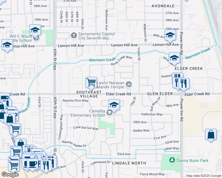 map of restaurants, bars, coffee shops, grocery stores, and more near 6352 Glenhills Way in Sacramento